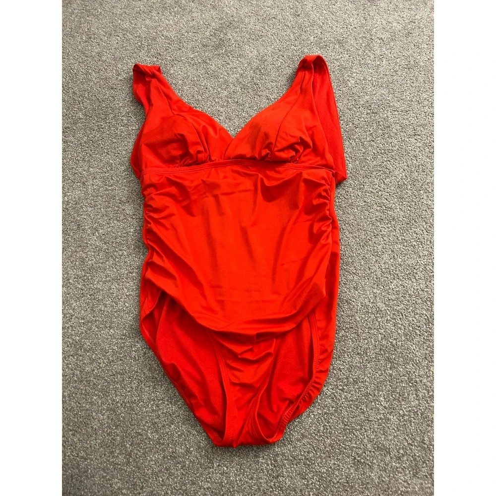 Time and Tru One Piece Swimsuit Womens Large 12-14 Red Excellent Ruched V-Neck